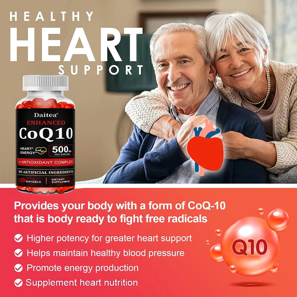Daitea CoQ10 500mg, Supports Heart Health, Antioxidant, Energy Production, Coenzyme Q10 Dietary Supplement, 30/60/120 Capsules