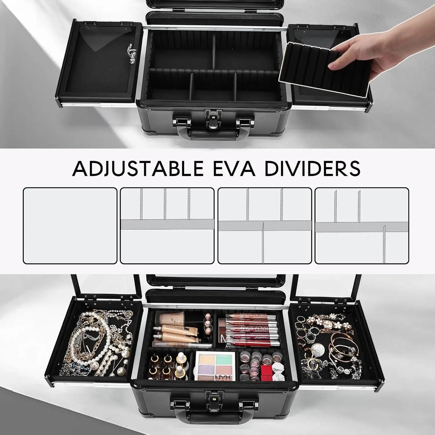 Makeup Case With LED Mirror, Makeup Train Case with Makeup Organizer Bag with  Dividers, Fold-out Trays for Jewelry Storage