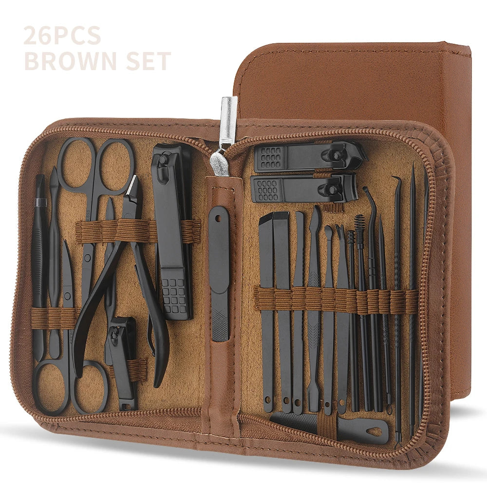 26 pieces brown nail kit Nail clipper kit, stainless steel nail travel kit, nail care kit with luxury storage box