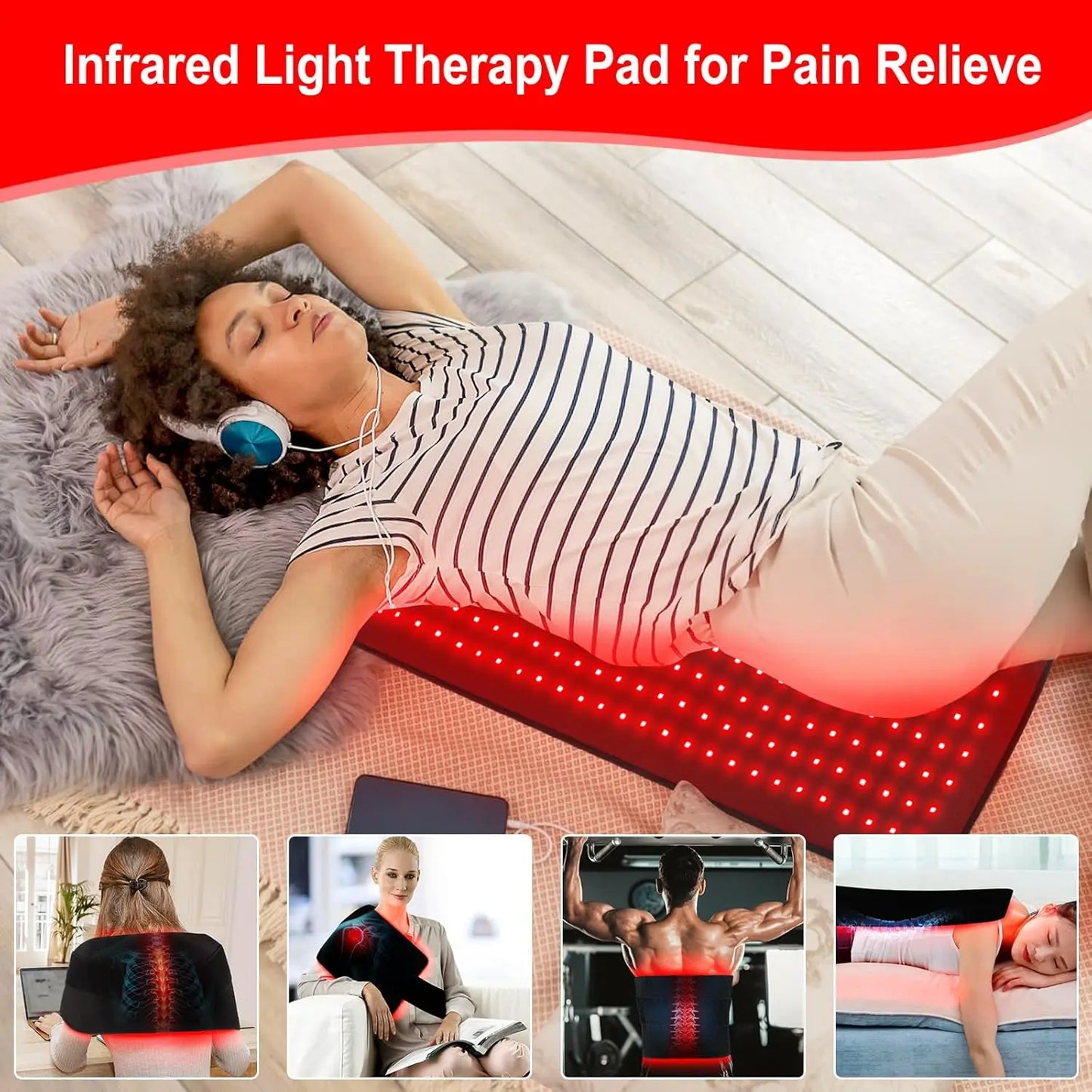 Red Light Therapy Mat Infrared Light Therapy Pad For Body Back Waist Knee Joint Pain Relief 31.6x11.8inch Large Wrap Pad 360LEDs