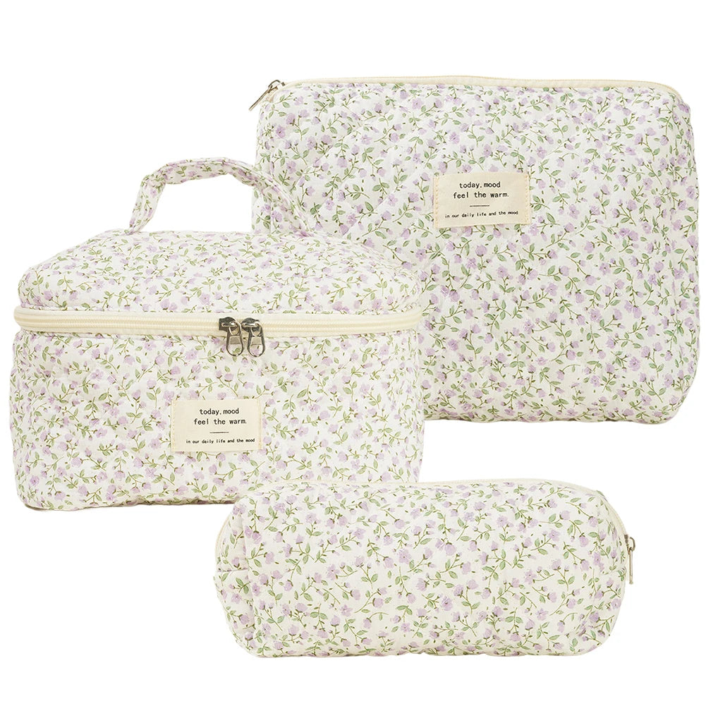 Fashion Flower Printed Women Makeup Bag Quilted Tote Portable Female Cosmetic Storage Handbag Travel Organizer Zipper Quilted Ba