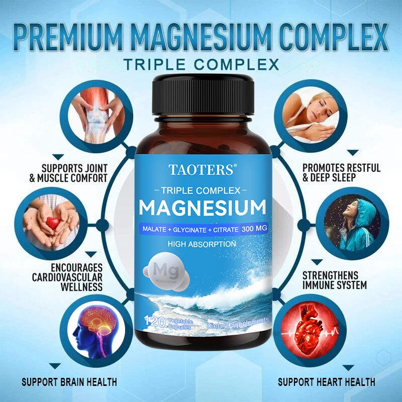 Magnesium Malate + Glycine + Magnesium Citrate 300 Mg, Supports Heart Health, Boosts Energy and Improves Mood