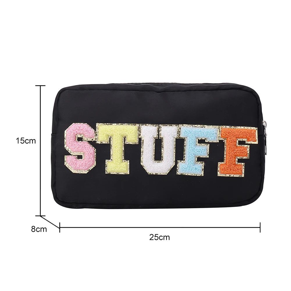 Casual Toiletry Bag Embroidery Letter Patch Travel Organizer Portable Zipper Female Cosmetic Bag Waterproof Nylon for Lady Girls