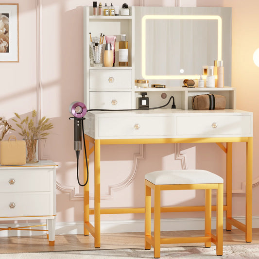 Satifur Vanity Desk with LED Lights Mirror and Power Outlets, Small Makeup Vanity Desk Stool Set with 4 Drawers, Dressing Table