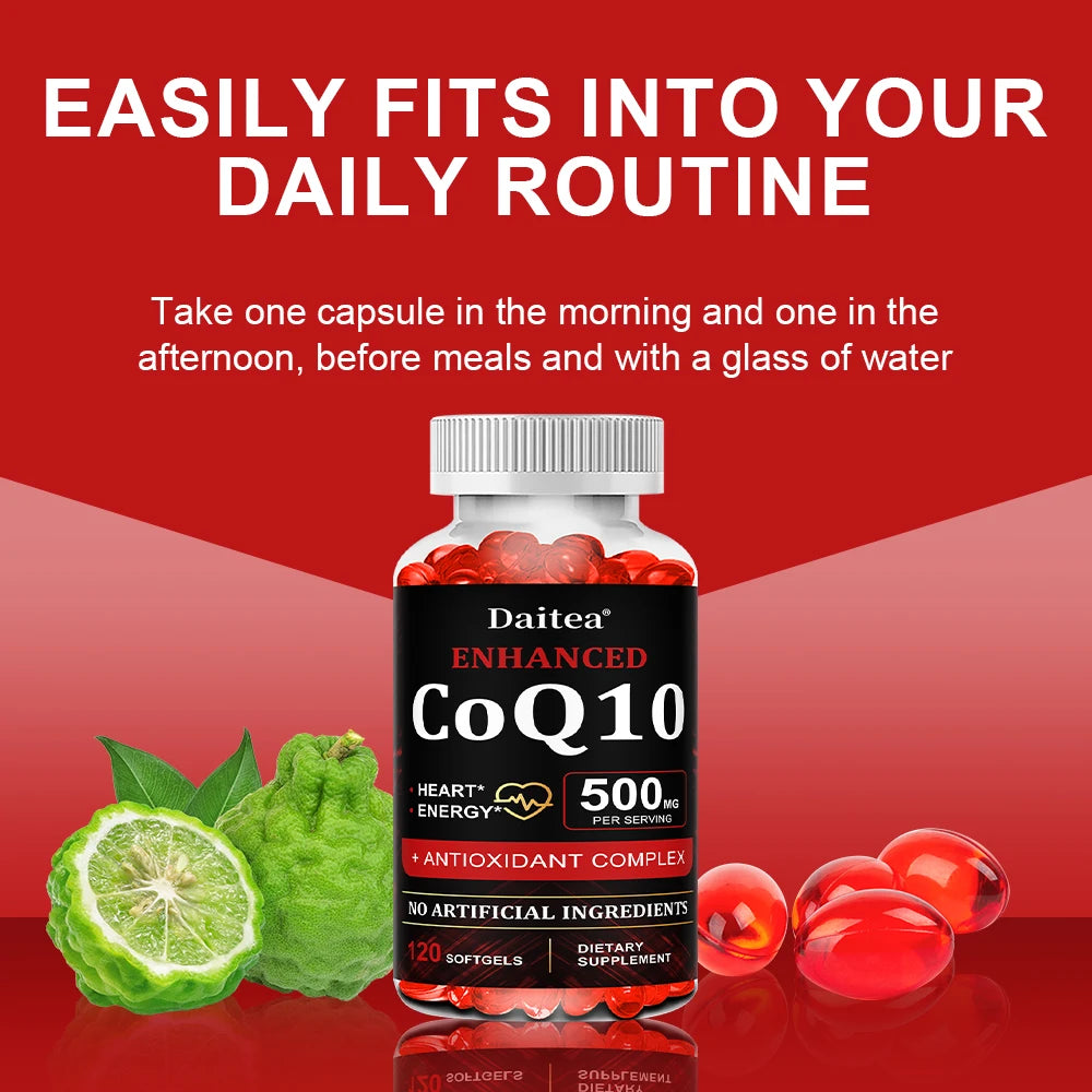 Daitea CoQ10 500mg, Supports Heart Health, Antioxidant, Energy Production, Coenzyme Q10 Dietary Supplement, 30/60/120 Capsules