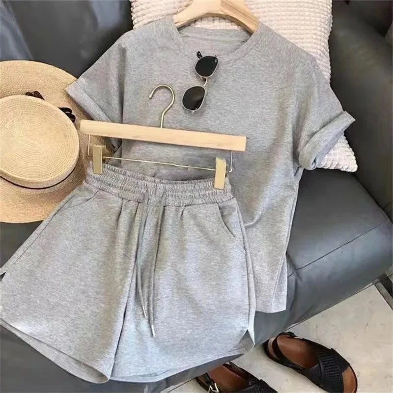 ﻿ 2 Piece Set Women Summer Loose Short Sleeve T-Shirt Casual Shorts Sports Print Letter Casual Suit Large Size Short Pajamas