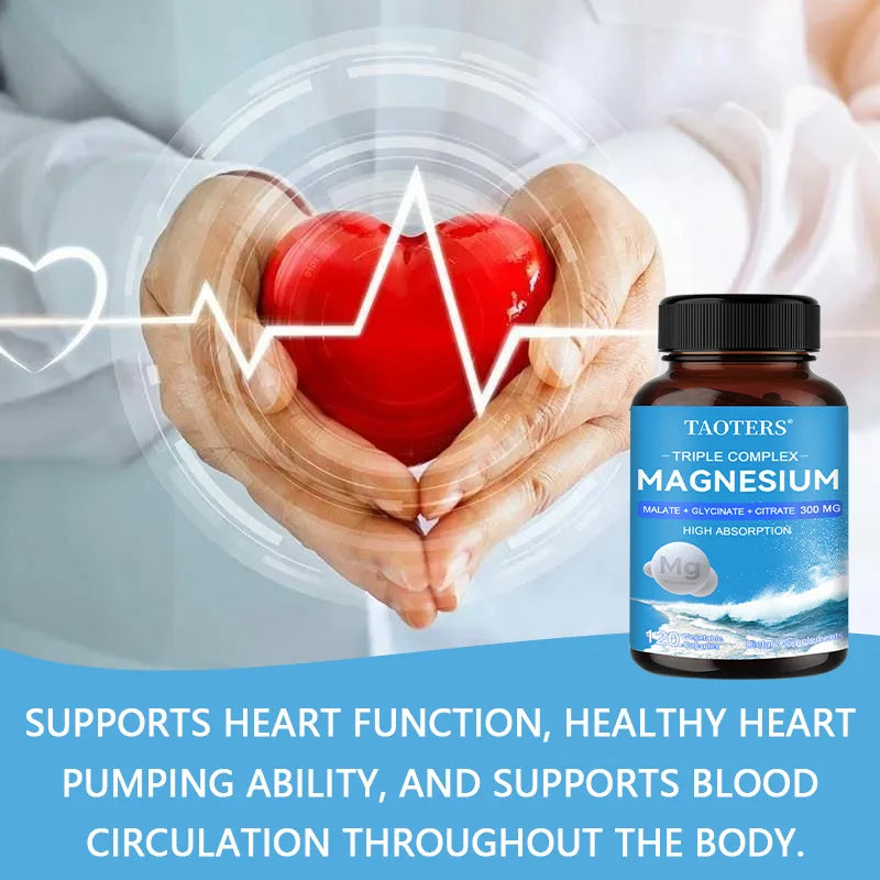 Magnesium Malate + Glycine + Magnesium Citrate 300 Mg, Supports Heart Health, Boosts Energy and Improves Mood