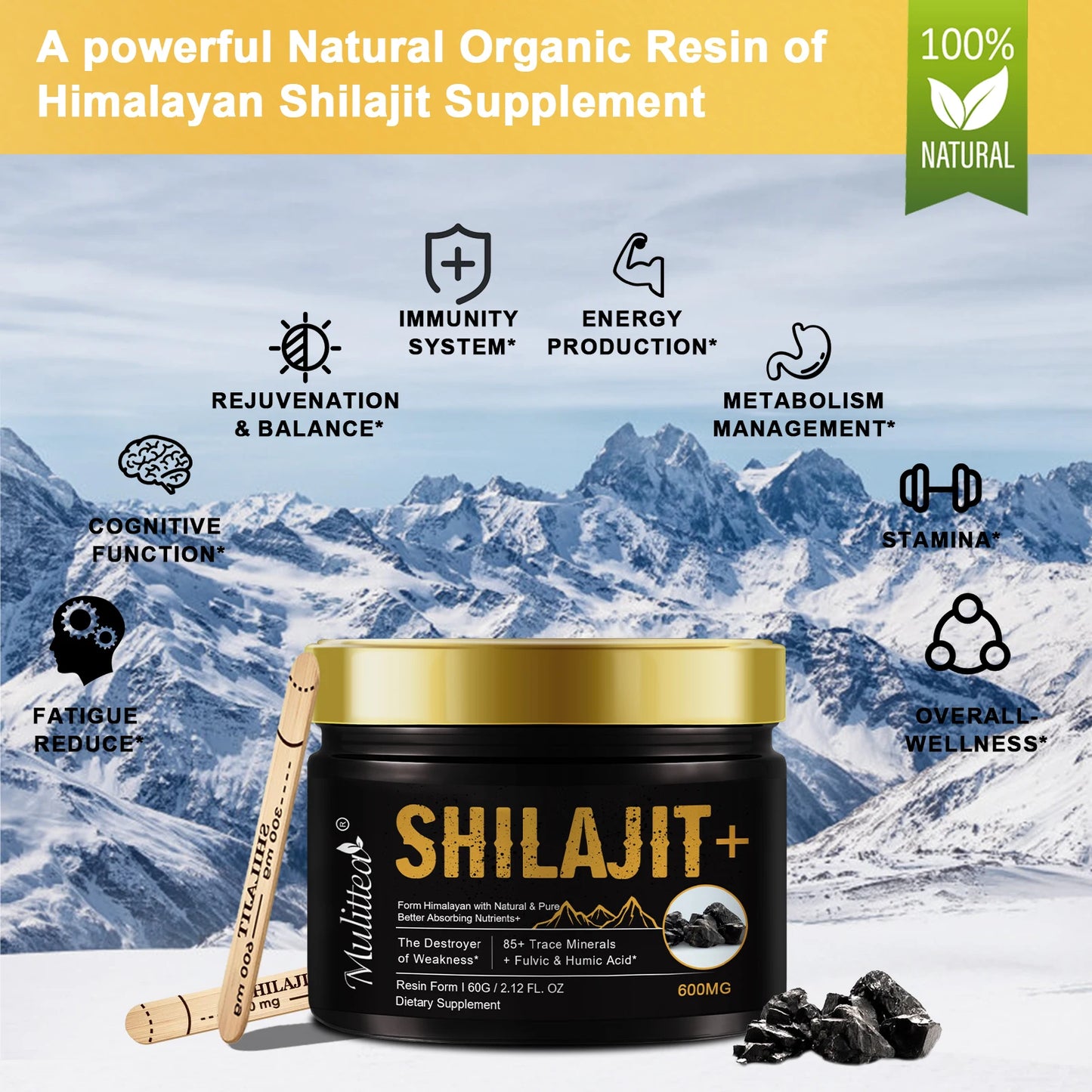 Mulittea 100% Pure shilajits with 85+ Trace Minerals & Fulvic Acid Support Immune and Metabolic Health Brain Focus and Memory