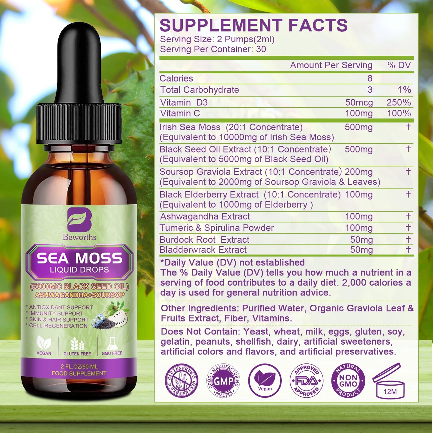 BEWORTHS Sea MOSS & Soursop Graviola Extract Drops Support Immunity and Kidney Health, Promote Digestion and Antioxidation