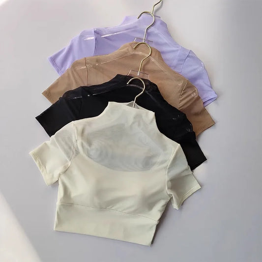 One-piece cup pads Sexy Mesh Yoga short-sleeved T-shirt Female Yoga Clothes Training Tights Pilates fitness Running Sports Shirt