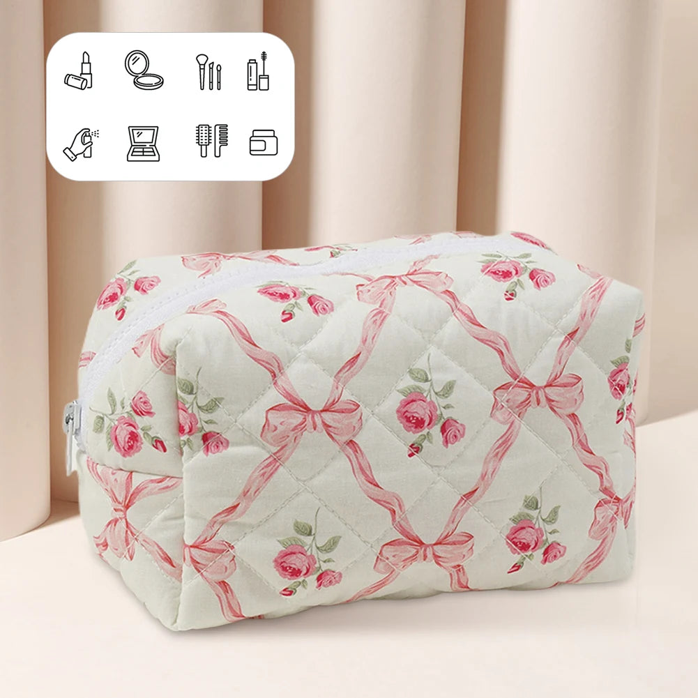 Cute Bow Floral Makeup Bag Cotton Quilted Cosmetic Bag with Zipper Travel Makeup Pouch Large Toiletry Bag for Women