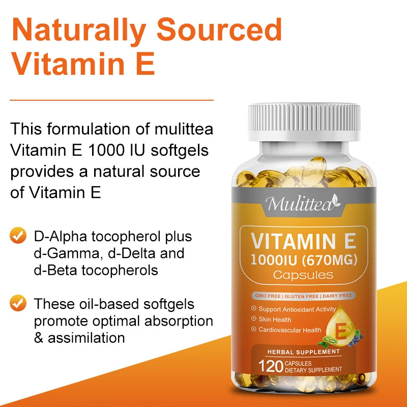 Mulittea Vitamin E Capsules Helps Blood Birculation and Antioxidant &Brightens Skin Tone Daily Vitamin Supplement Beauty Health