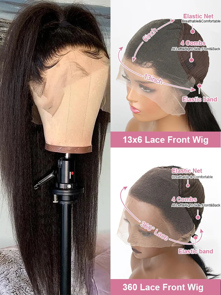 High Density Kinky Straight 360 Lace Front Wigs Human Hair Brazilian 40 Inch Yaki Straight 13x6 HD Lace Frontal Wig Preplucked