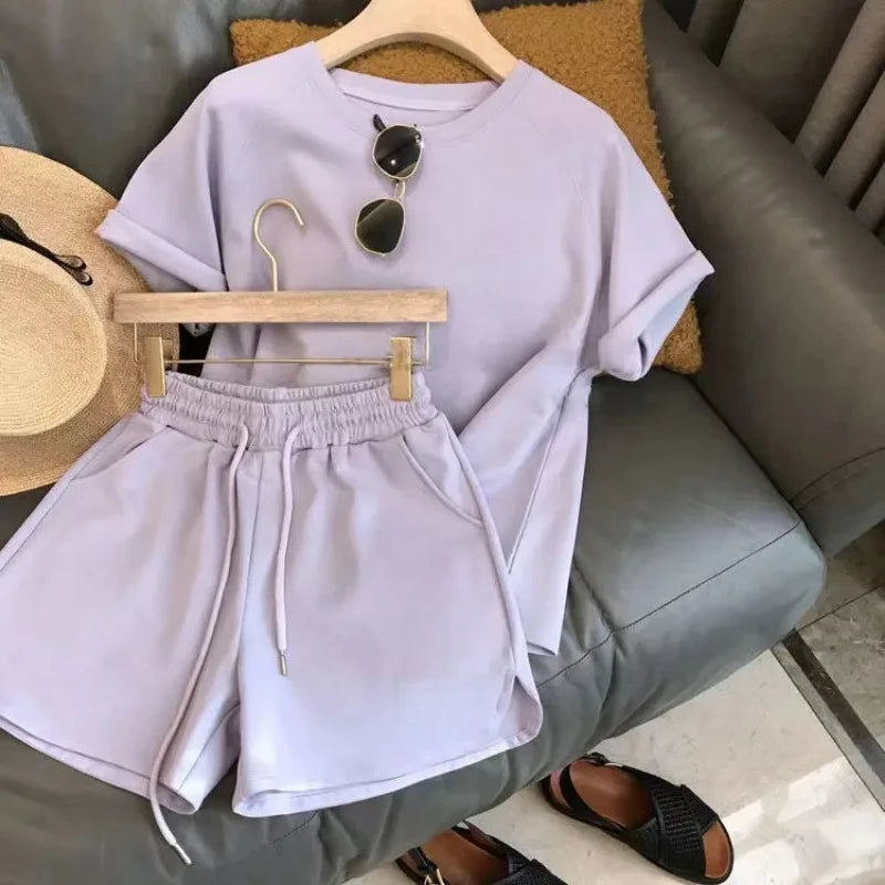 ﻿ 2 Piece Set Women Summer Loose Short Sleeve T-Shirt Casual Shorts Sports Print Letter Casual Suit Large Size Short Pajamas