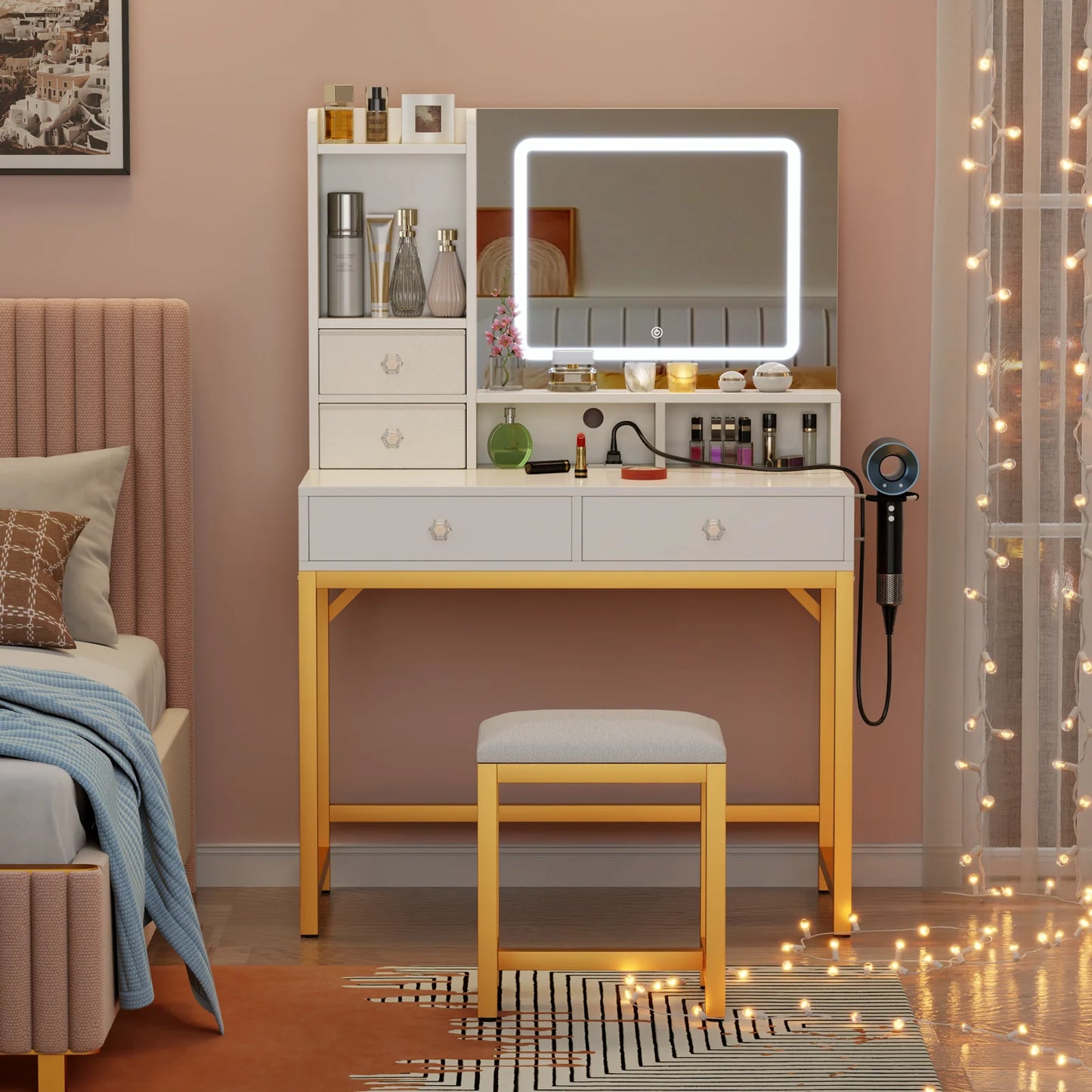 Satifur Vanity Desk with LED Lights Mirror and Power Outlets, Small Makeup Vanity Desk Stool Set with 4 Drawers, Dressing Table