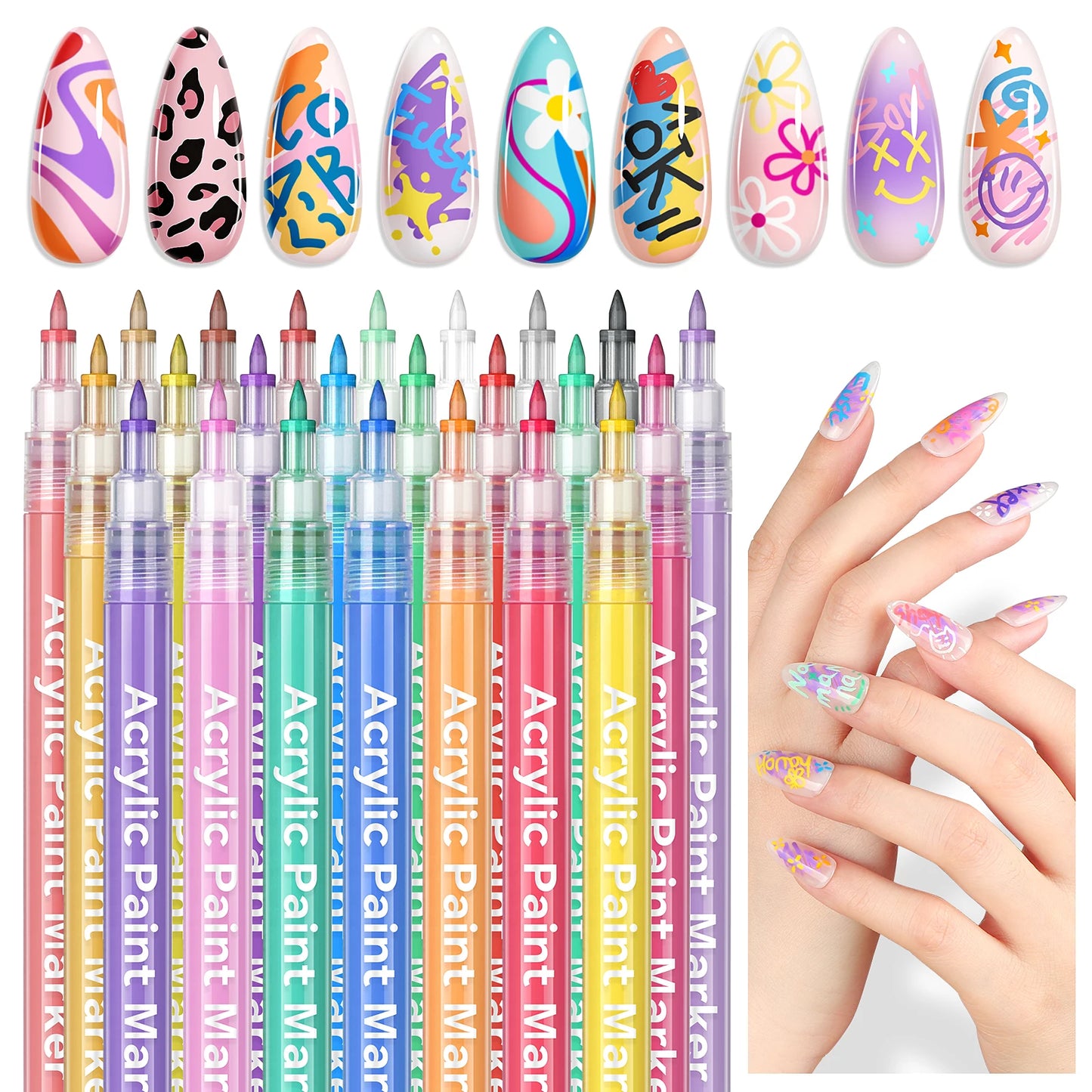 24 Colors Essentials Nail Art Pens Set Spring Summer Quick Dry Nail Polish Pens for Nail Art Design Drawing Liner Tools
