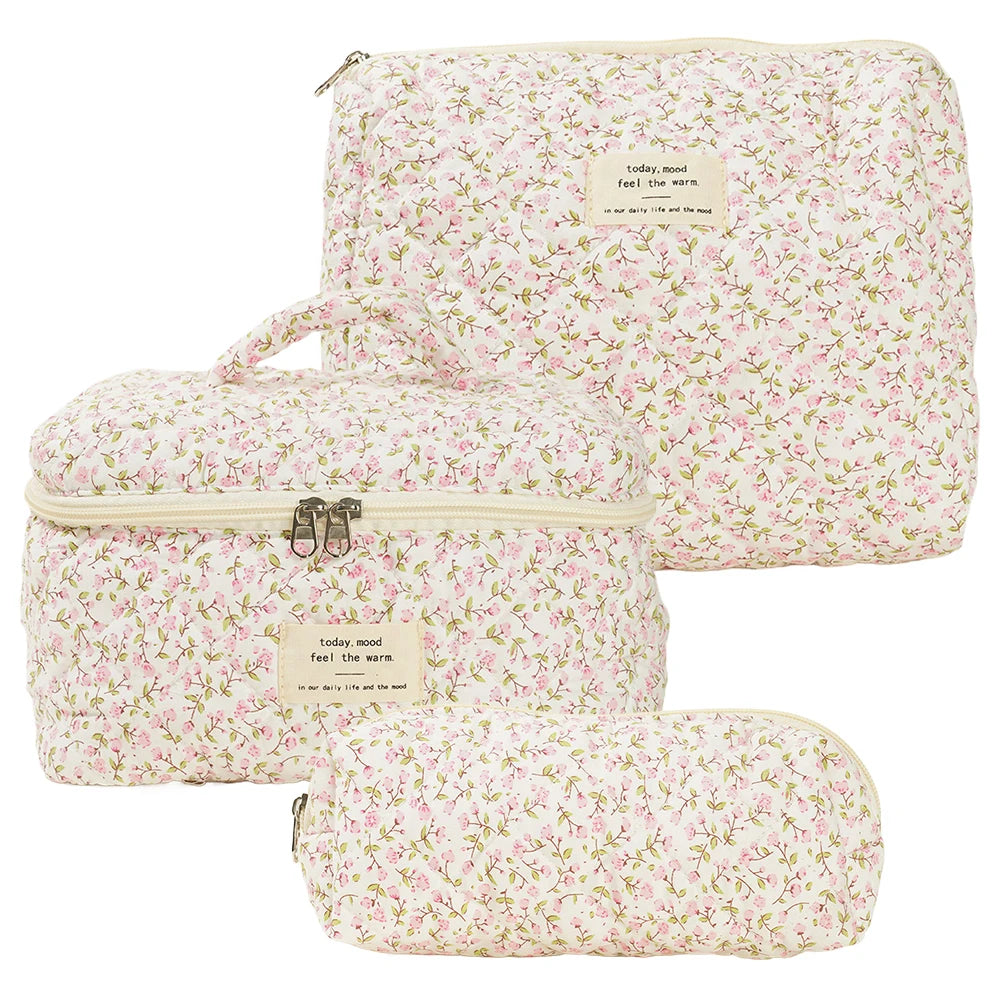 Fashion Flower Printed Women Makeup Bag Quilted Tote Portable Female Cosmetic Storage Handbag Travel Organizer Zipper Quilted Ba