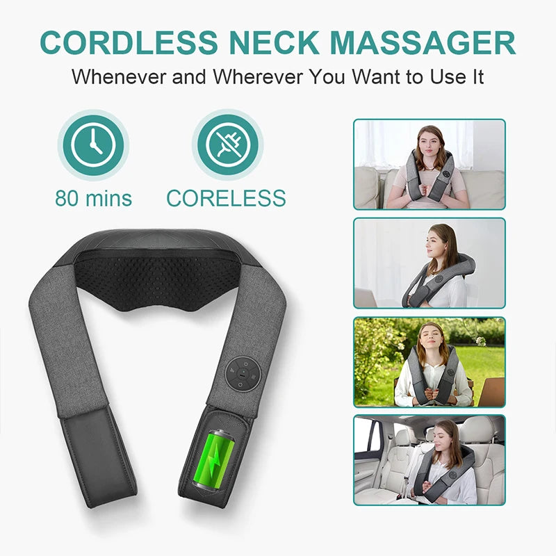 Shiatsu Back Shoulder and Neck Massager Cordless Deep Tissue Kneading with Heat Portable Neck Massage Pillow Home Use