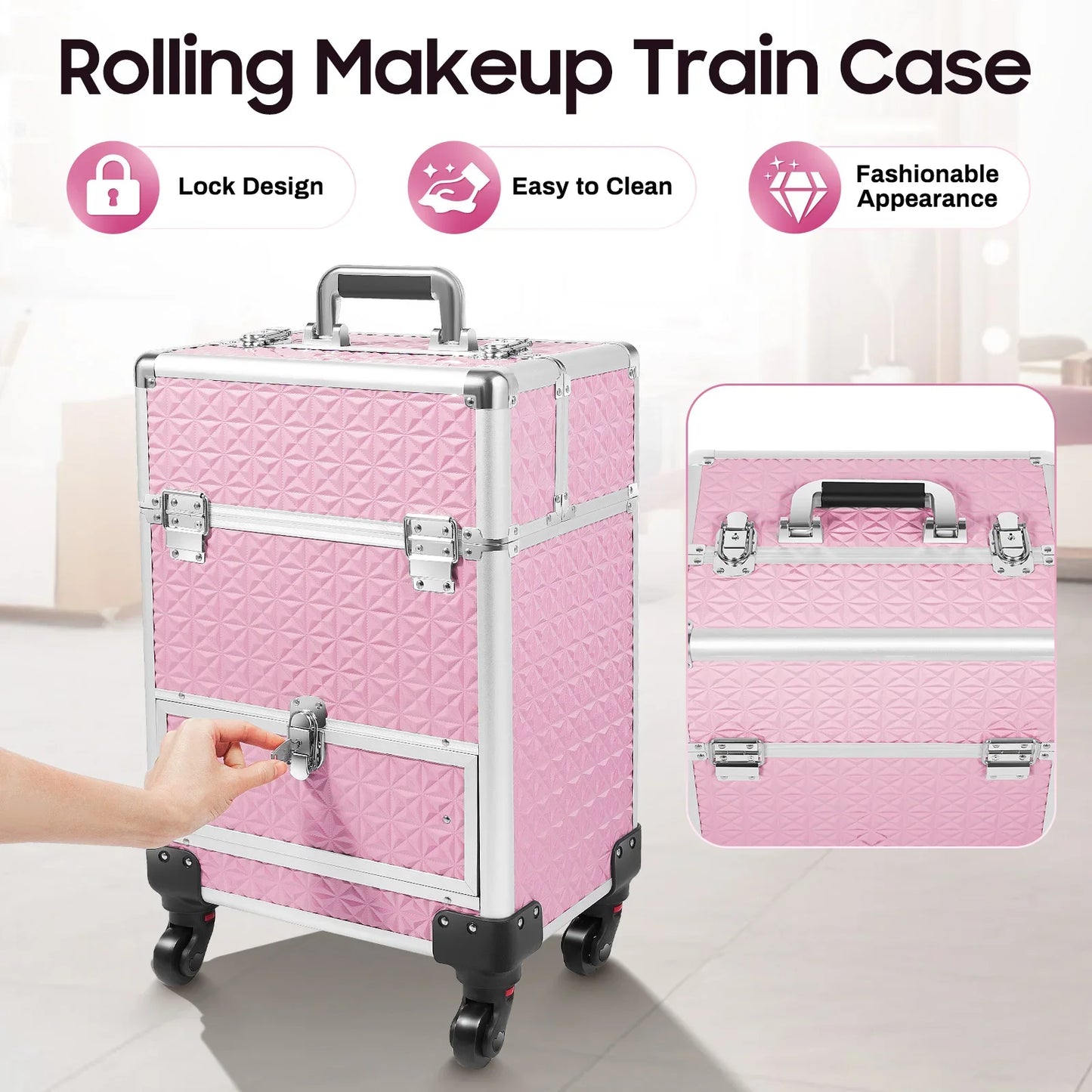Rolling Makeup Train Case with Drawer and Nail Case for Manicure Storage, Ideal for Hair Stylists, Pet Groomers, Makeup Artists