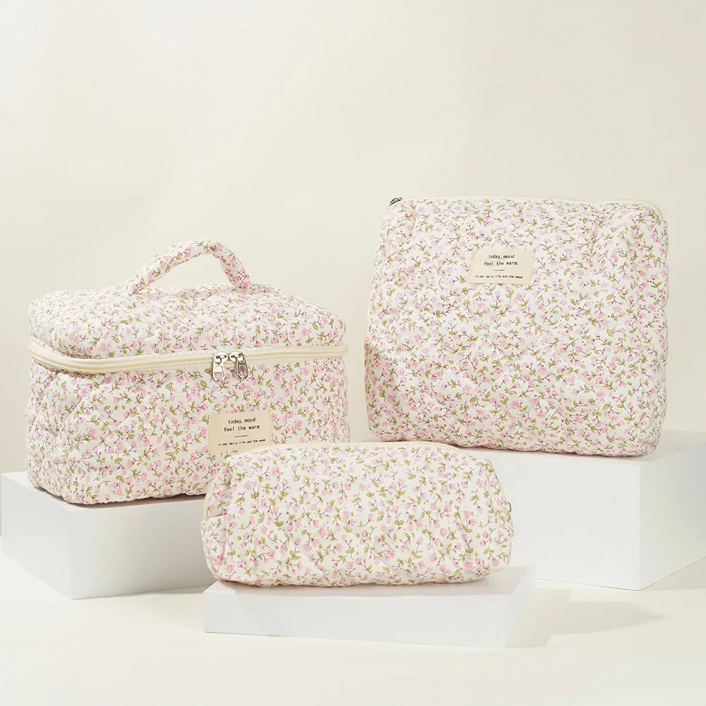 Fashion Flower Printed Women Makeup Bag Quilted Tote Portable Female Cosmetic Storage Handbag Travel Organizer Zipper Quilted Ba