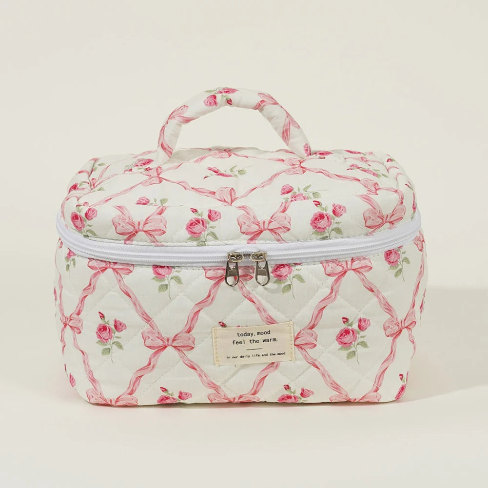 Three Piece Makeup Bag Set Floral Design Quilted Portable Cosmetic Pouch Ideal for Travel and Everyday Use