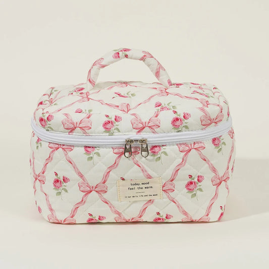 Three Piece Makeup Bag Set Floral Design Quilted Portable Cosmetic Pouch Ideal for Travel and Everyday Use