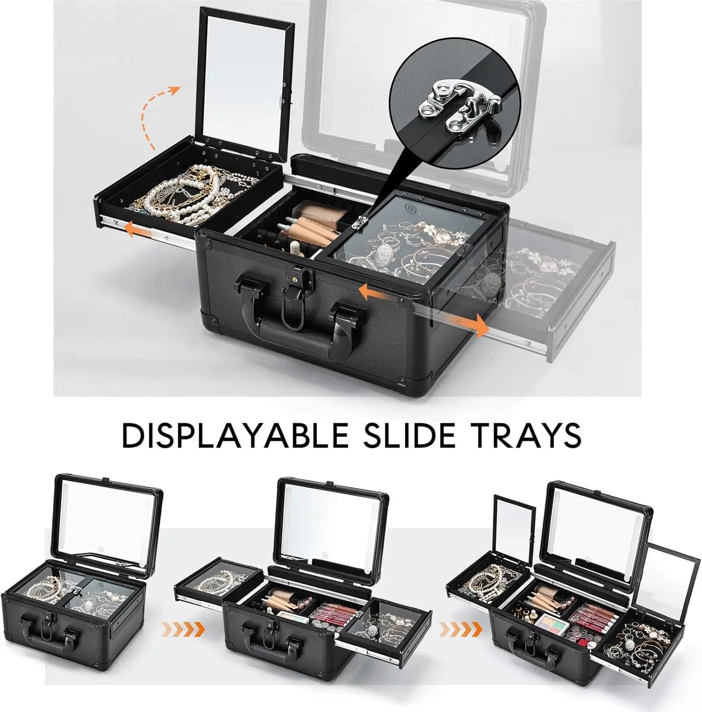 Makeup Case With LED Mirror, Makeup Train Case with Makeup Organizer Bag with  Dividers, Fold-out Trays for Jewelry Storage