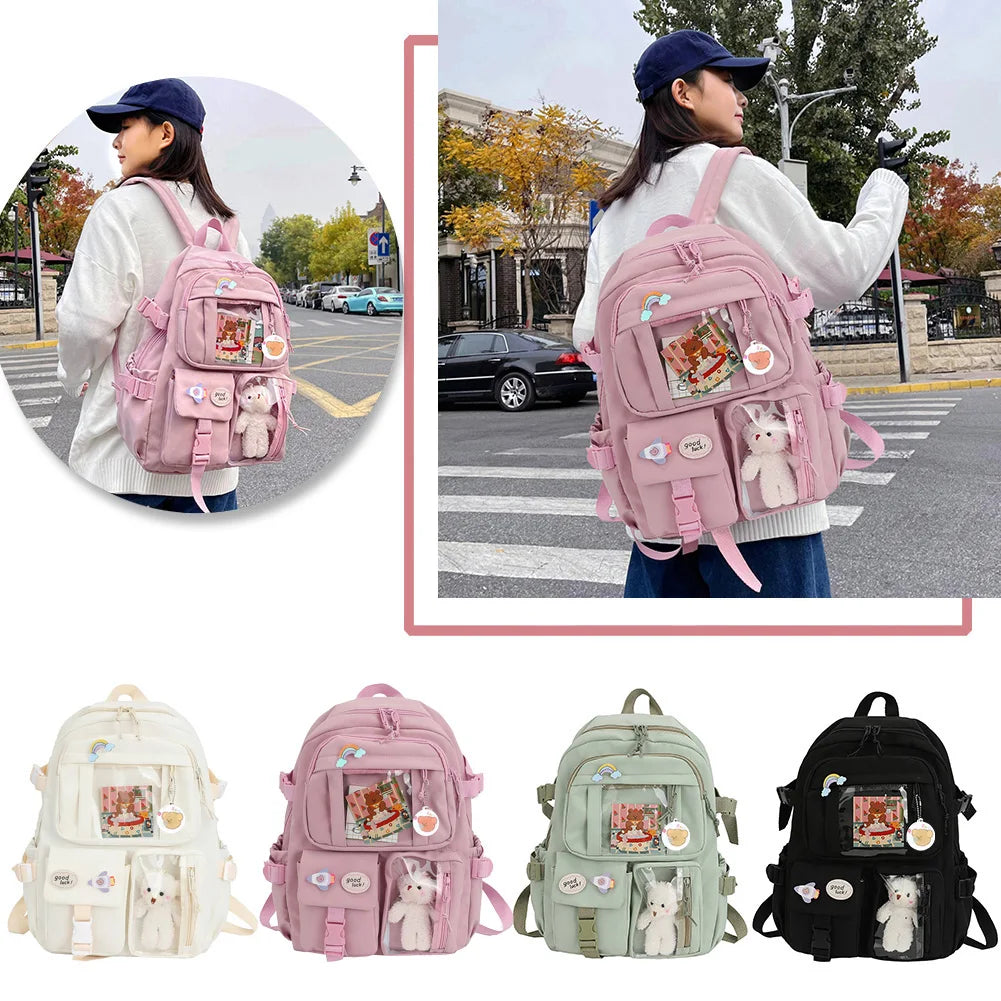 Sports Knapsack Fashion College Student Rucksack with Plush Pendant Pin Cute Kawaii Large Capacity Japanese Style for Teen Girls