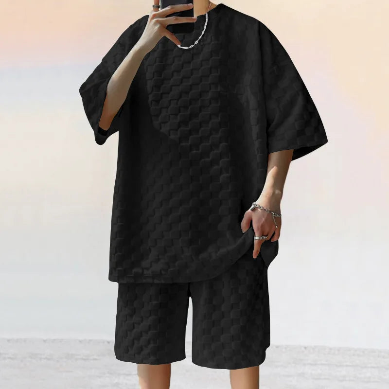 Men's Summer Jacquard Plaid Short-Sleeve T-Shirt And Loose Straight-Leg Casual Shorts Set
