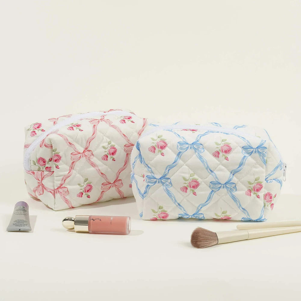 Cute Bow Floral Makeup Bag Cotton Quilted Cosmetic Bag with Zipper Travel Makeup Pouch Large Toiletry Bag for Women
