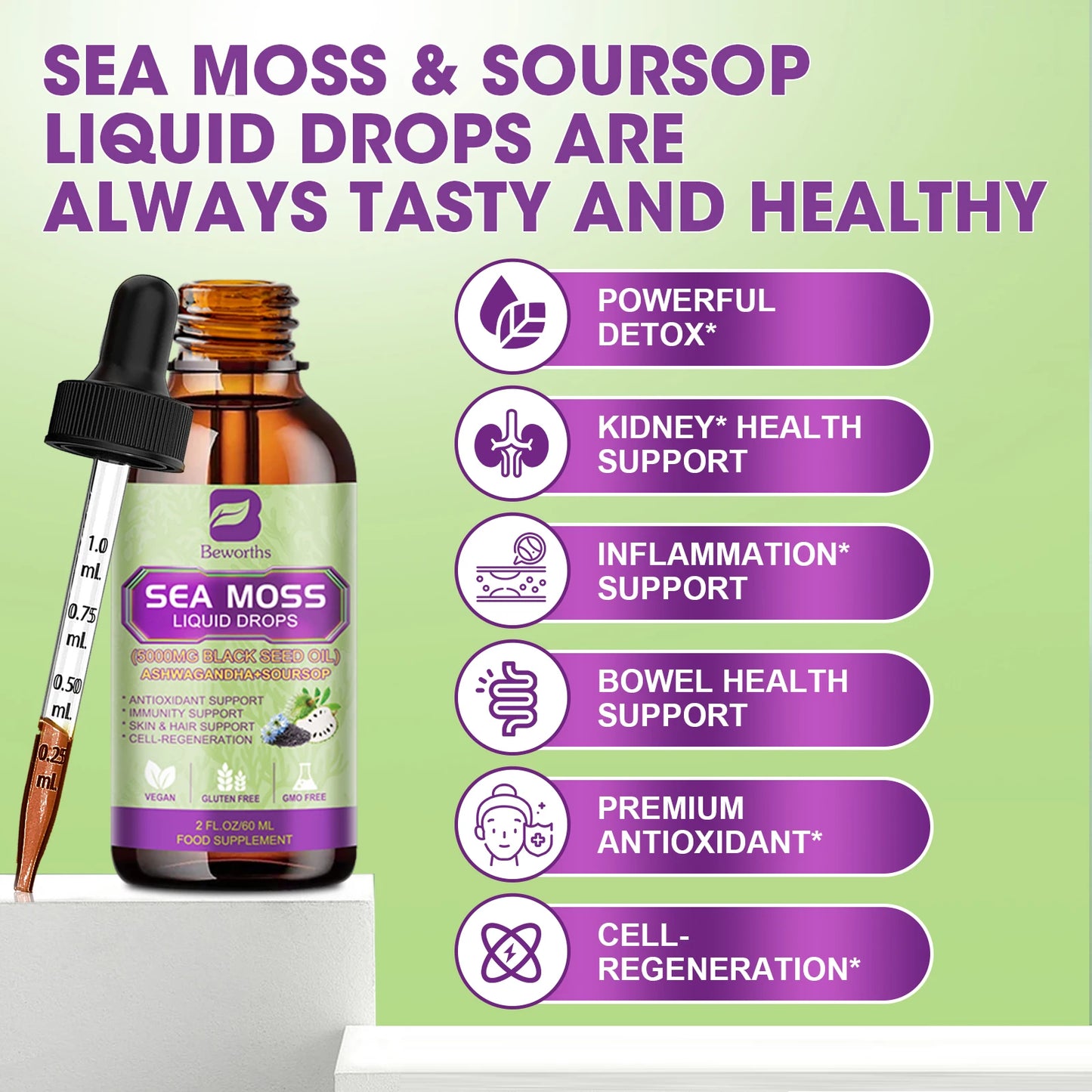 BEWORTHS Sea MOSS & Soursop Graviola Extract Drops Support Immunity and Kidney Health, Promote Digestion and Antioxidation