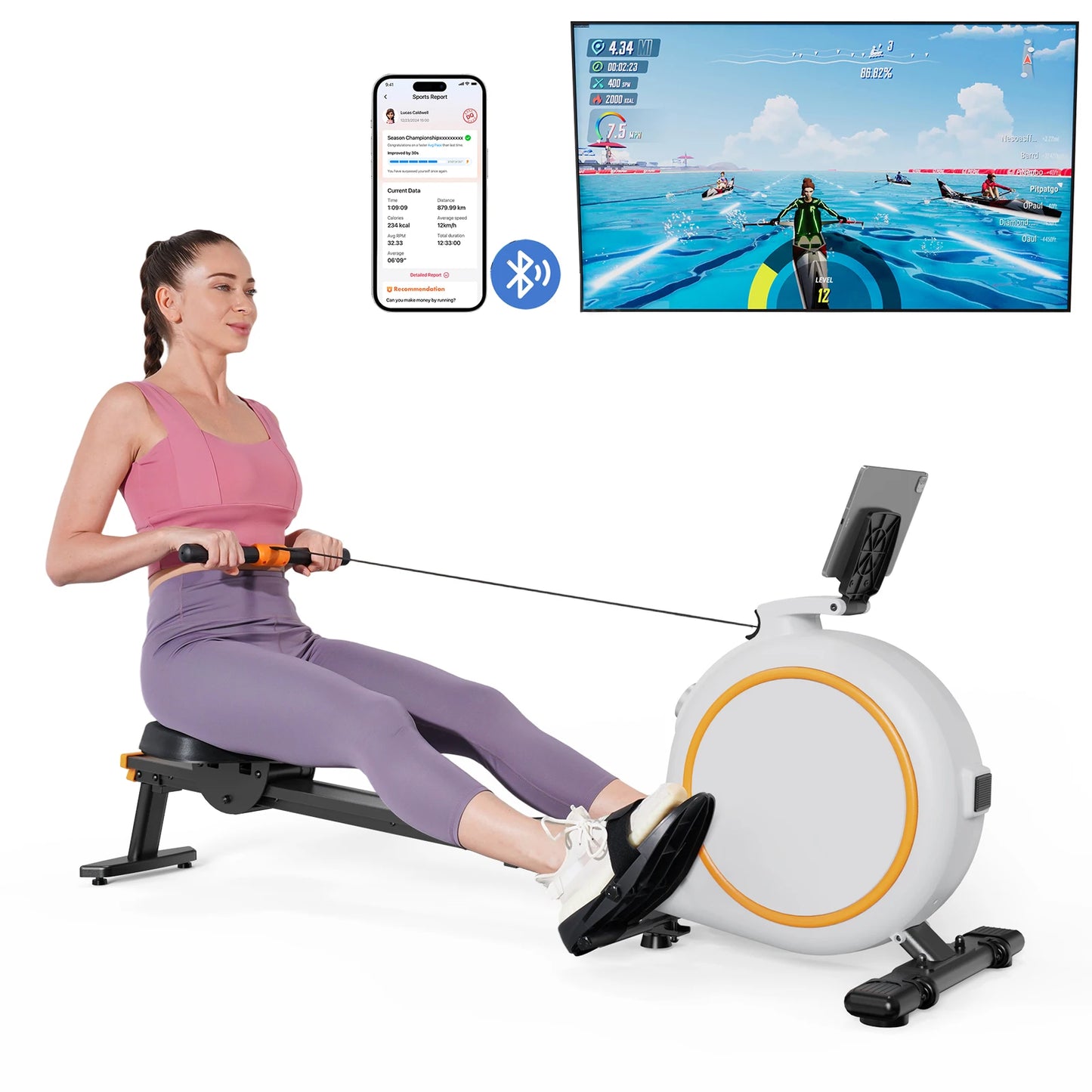 Home Rowing Machine 32Level Adjustable Resistance 300LBS Trainer Row Machine LED Monitor Tablet Holder Bluetooth Fitness Machine