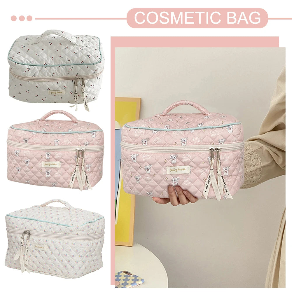 Cute Cosmetic Bag Portable Zipper Makeup Pouch Quilted Clutch Handbag Large-capacity Floral Print for Ladies Girl