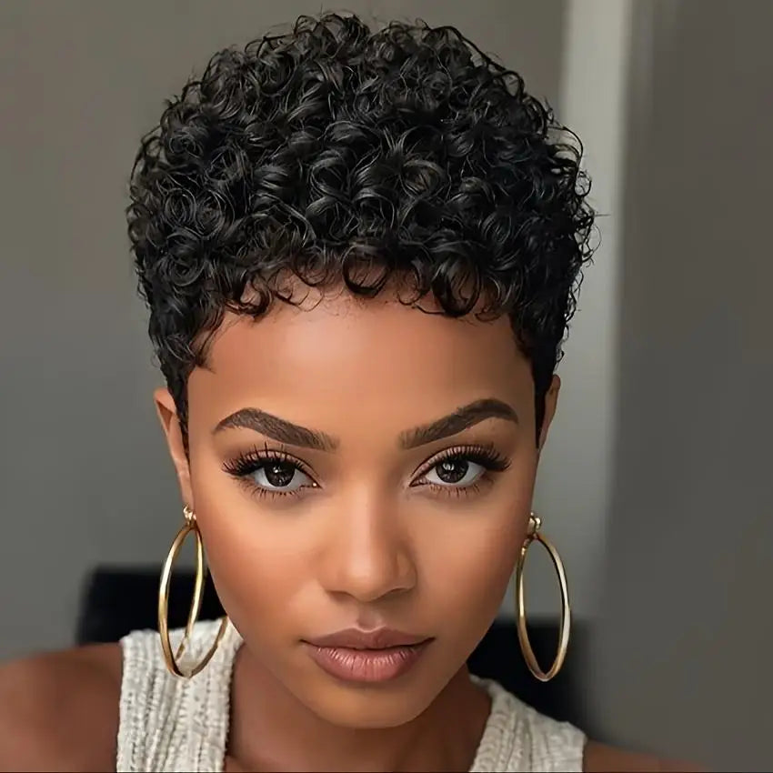 short afro curly human hair wig 150% density remy hair machine made pixie cut short curly human hair wig 4inch black color