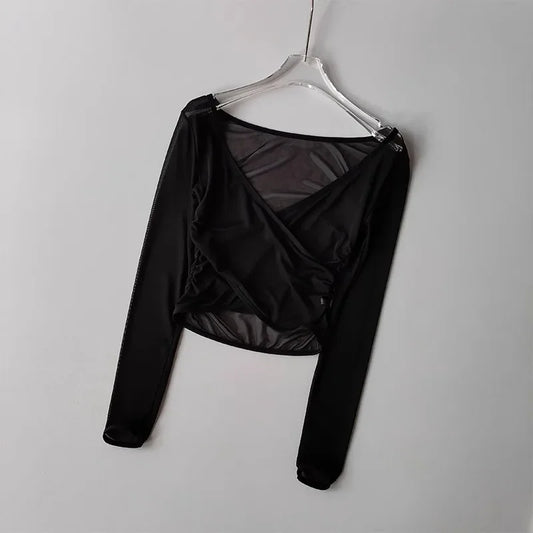 Sports T-shirt V-neck Mesh Breathable Pilates Yoga Clothes Cross-body Shirt Long Sleeves Running Training Fitness Blouse Clothes