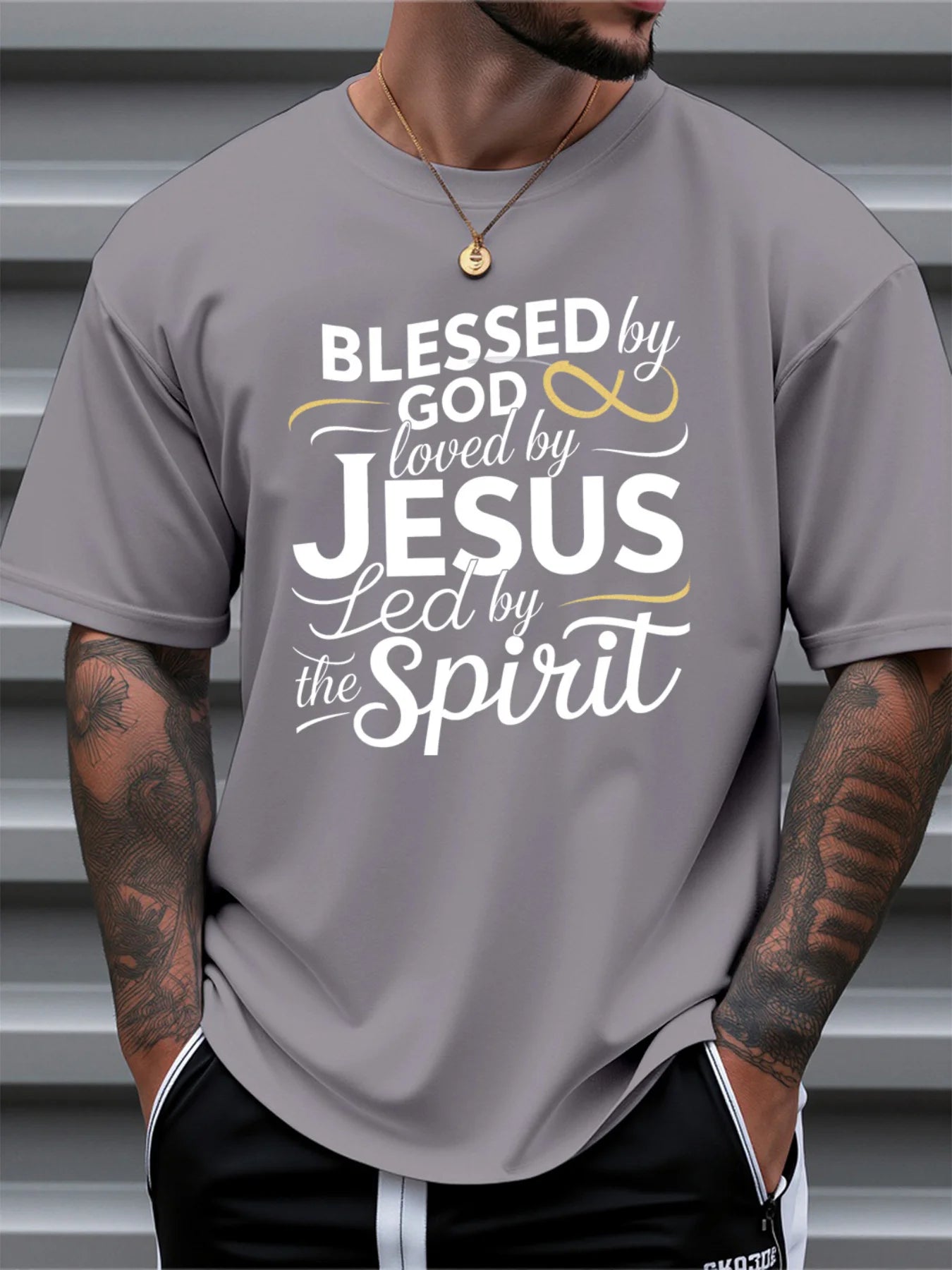 Men's Religious Faith T Shirt Blessed by God Loved by Jesus LED by the Spirit Inspirational Print