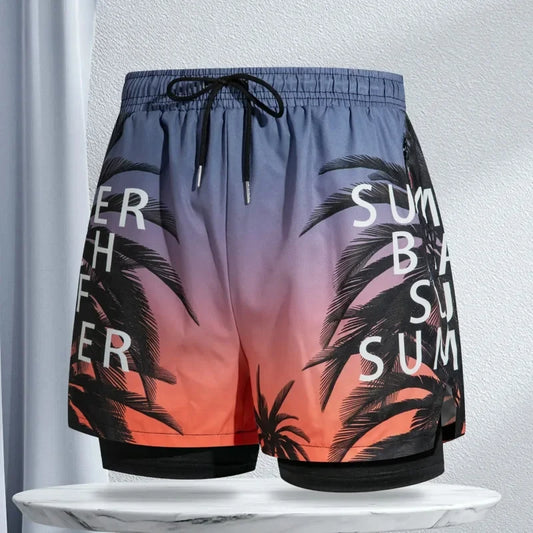 Double-layer Swim Trunks for Men Boxer Shorts Anti-embarrassment Lined with Professional Beach Pants Adult Swim Gear