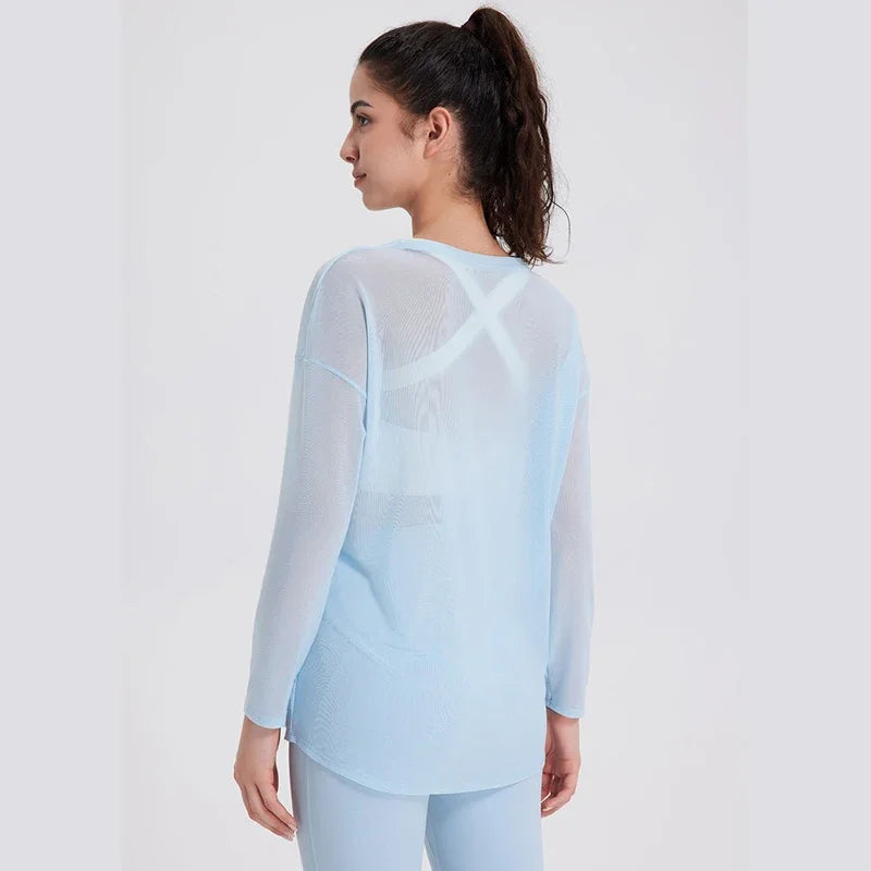 Long Sleeve Yoga Shirt Women Sexy Mesh Breathable Outdoor Running Blouse Solid Color Loose Gym Top Female Workout Clothes