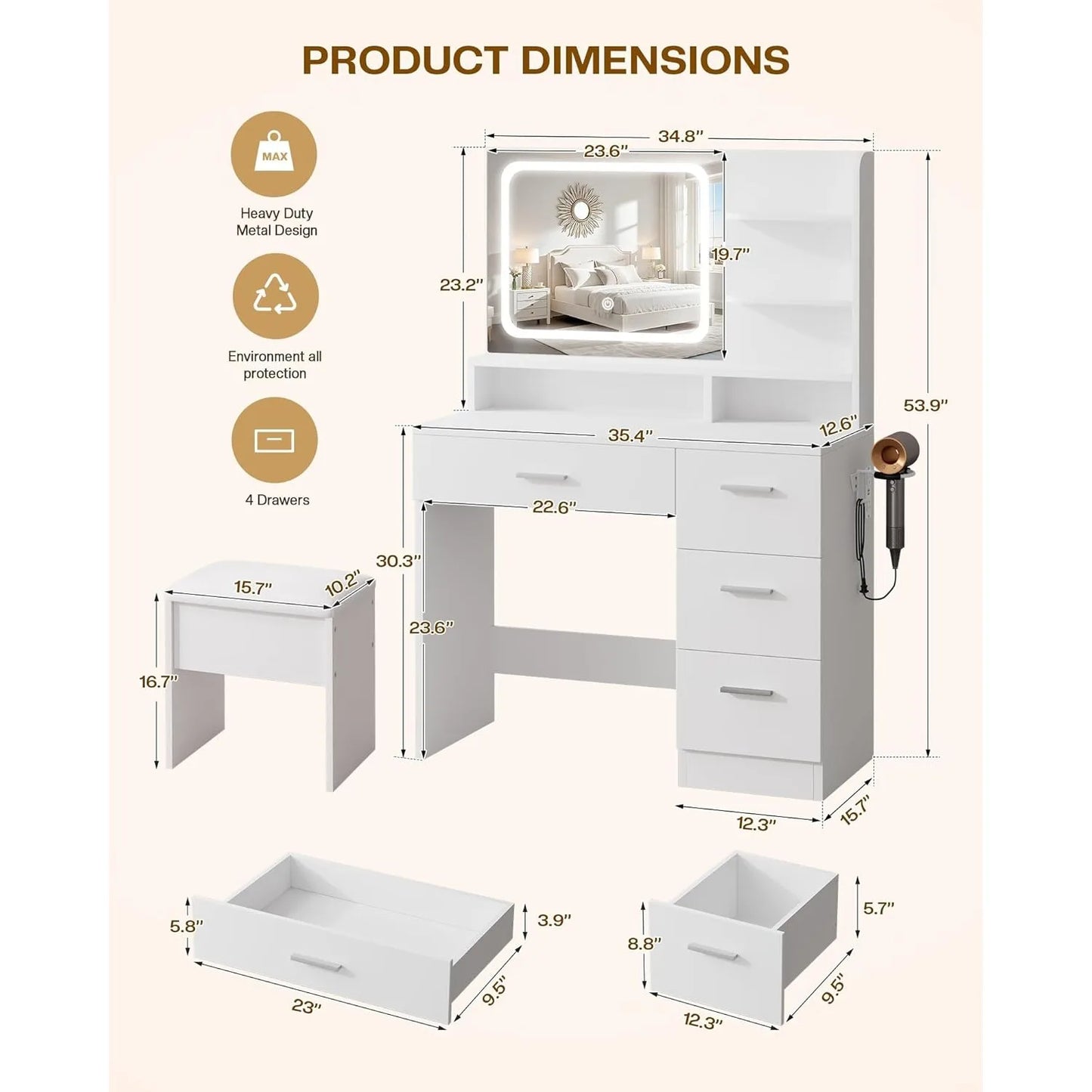 Makeup Vanity Desk, White, 35.4'Wx15.7'Dx53.9'H (Samrt LED Mirror, Open Shelves, with Cushion Stool, 4 Drawers, Hairdryer Rack,