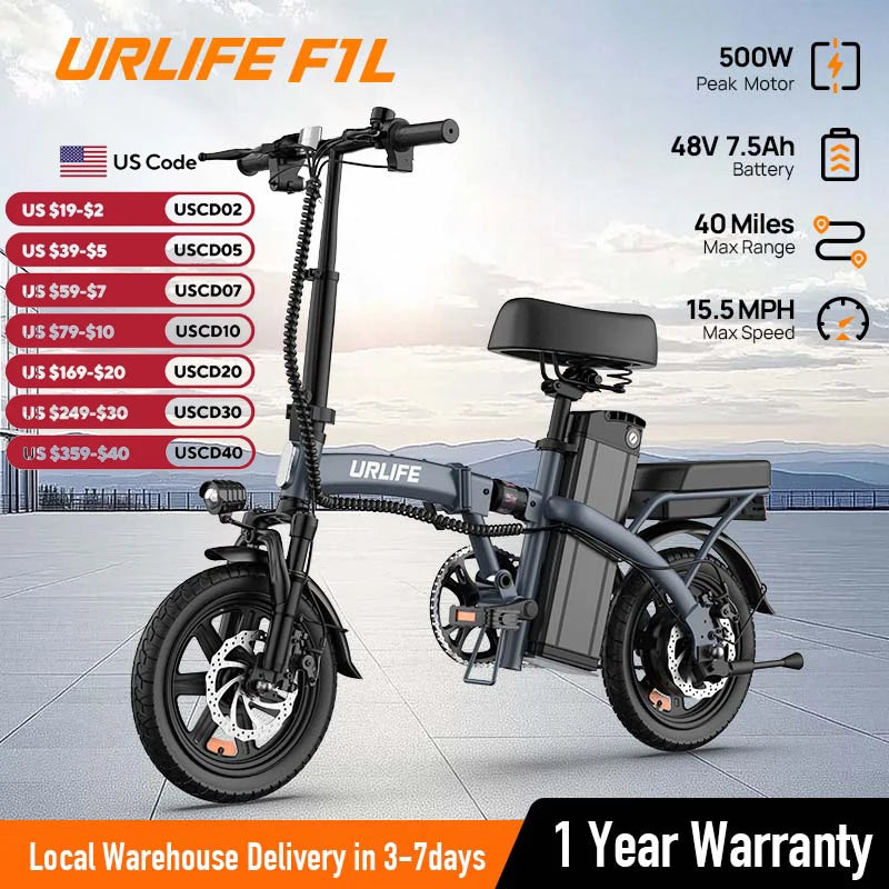 14" Foldable Electric bicycle for Adult, Peak 500W Motor with 48V 7.5Ah Removable Battery 40 Miles Range 3 Hours Charge Time