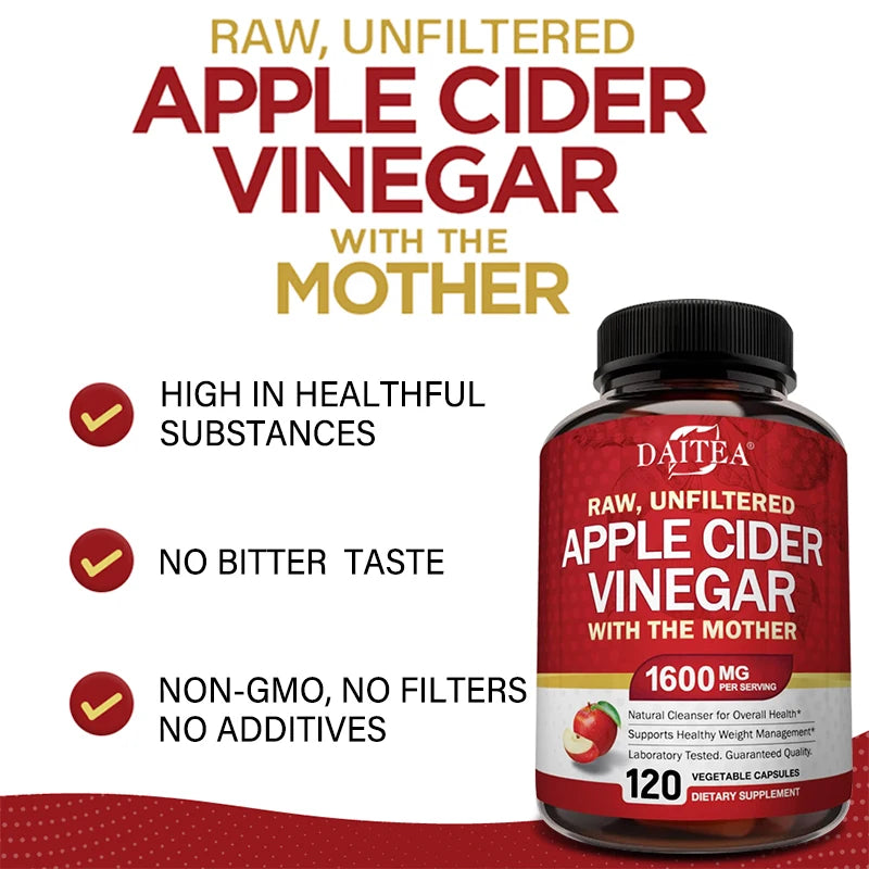 Raw Organic Apple Cider Vinegar - Gut Health, Digestion, Detox & Cleanse, Immune Supplement, Natural Vegetarian Capsules