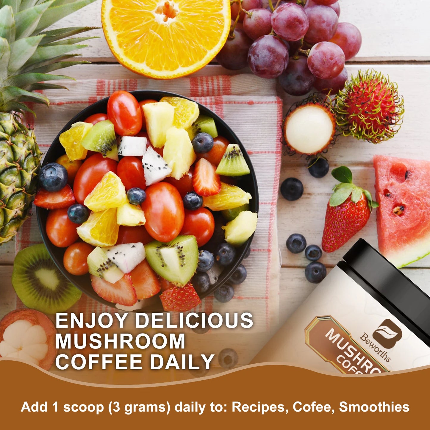 250G Mushroom Coffee Mixed Reishi & Lion's Mane Mushrooms Support Immunity and Focus Health Boost Memory NO-GMO 10 in 1