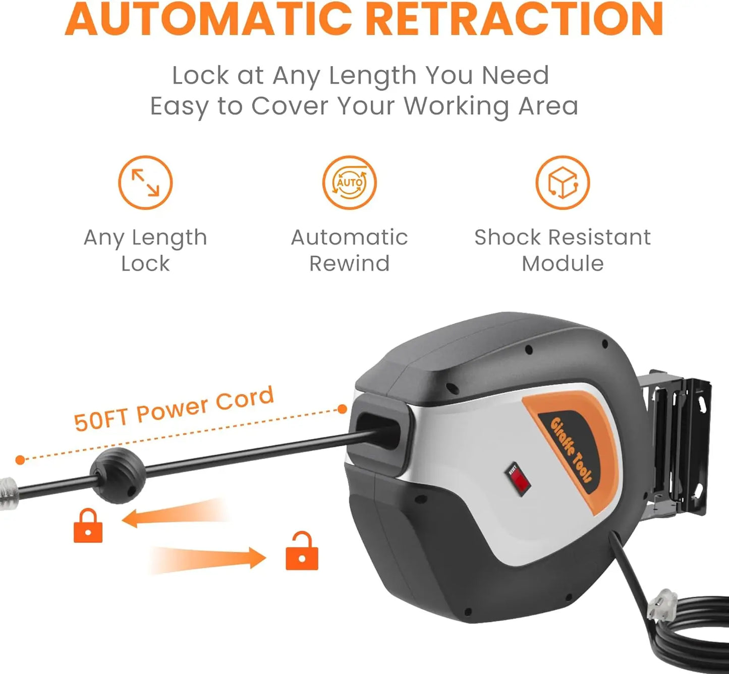 Retractable Power Cord Reel, 50ft 12AWG/3C SJT Heavy Duty Extension Cord Storage Reel Wall/Ceiling Mount