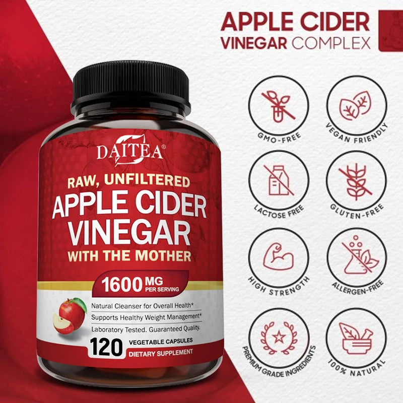 Raw Organic Apple Cider Vinegar - Gut Health, Digestion, Detox & Cleanse, Immune Supplement, Natural Vegetarian Capsules