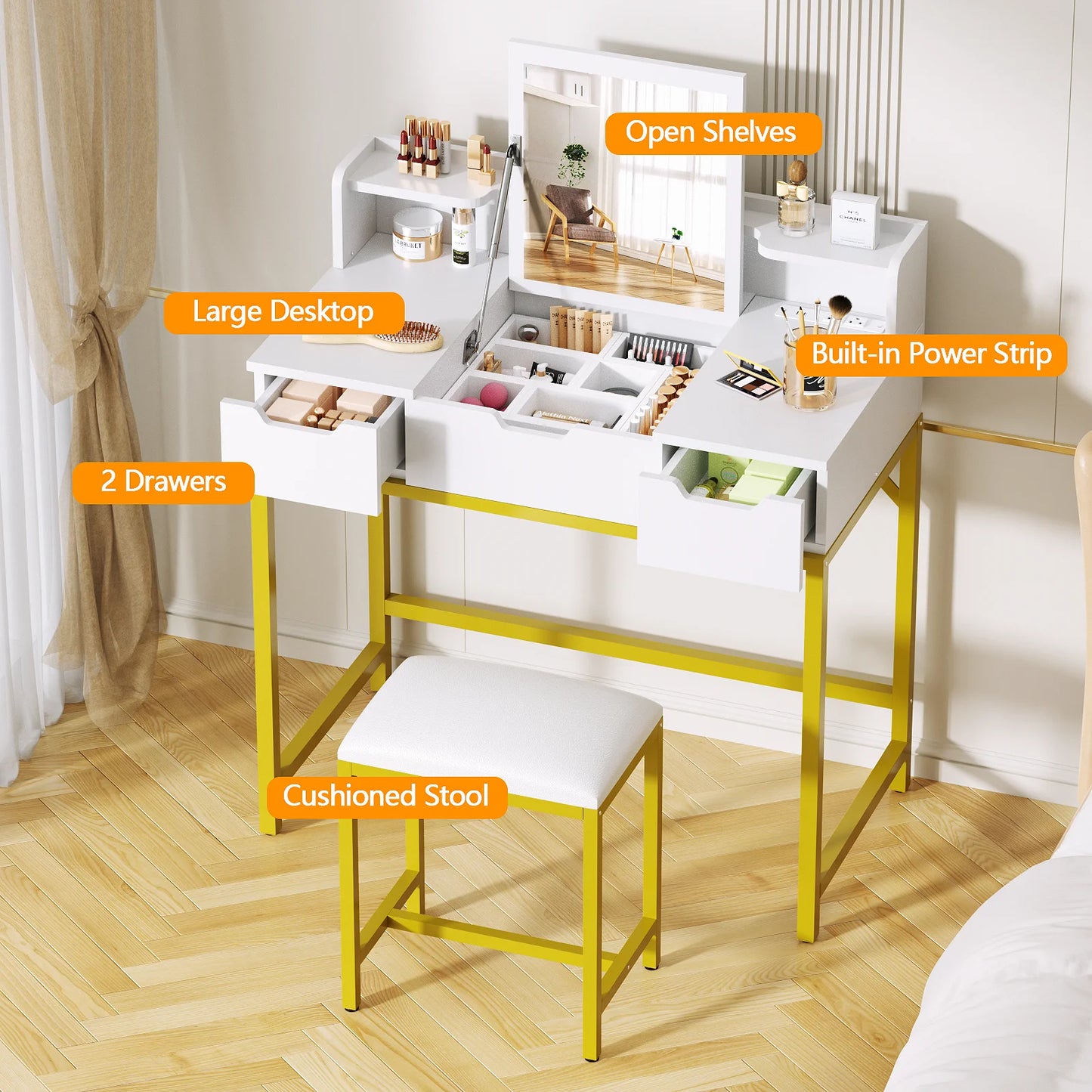 Satifur Vanity Desk with LED Lights Mirror and Power Outlets, Small Makeup Vanity Desk Stool Set with 4 Drawers, Dressing Table