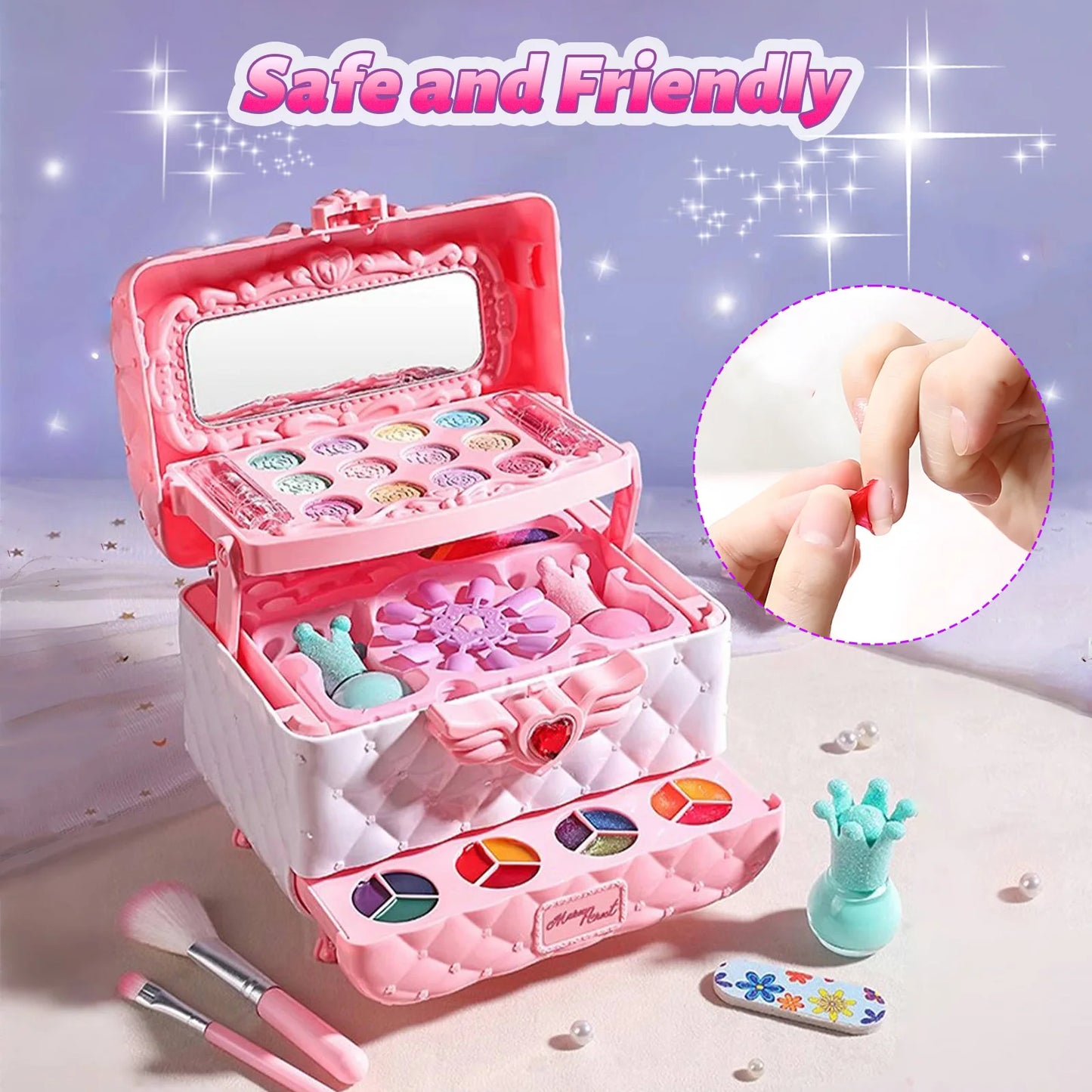 Kids Multi-Layer Foldable Makeup Set - Pretend Play Cosmetic Kit for Girls, Educational and Learning Toy with Storage Box