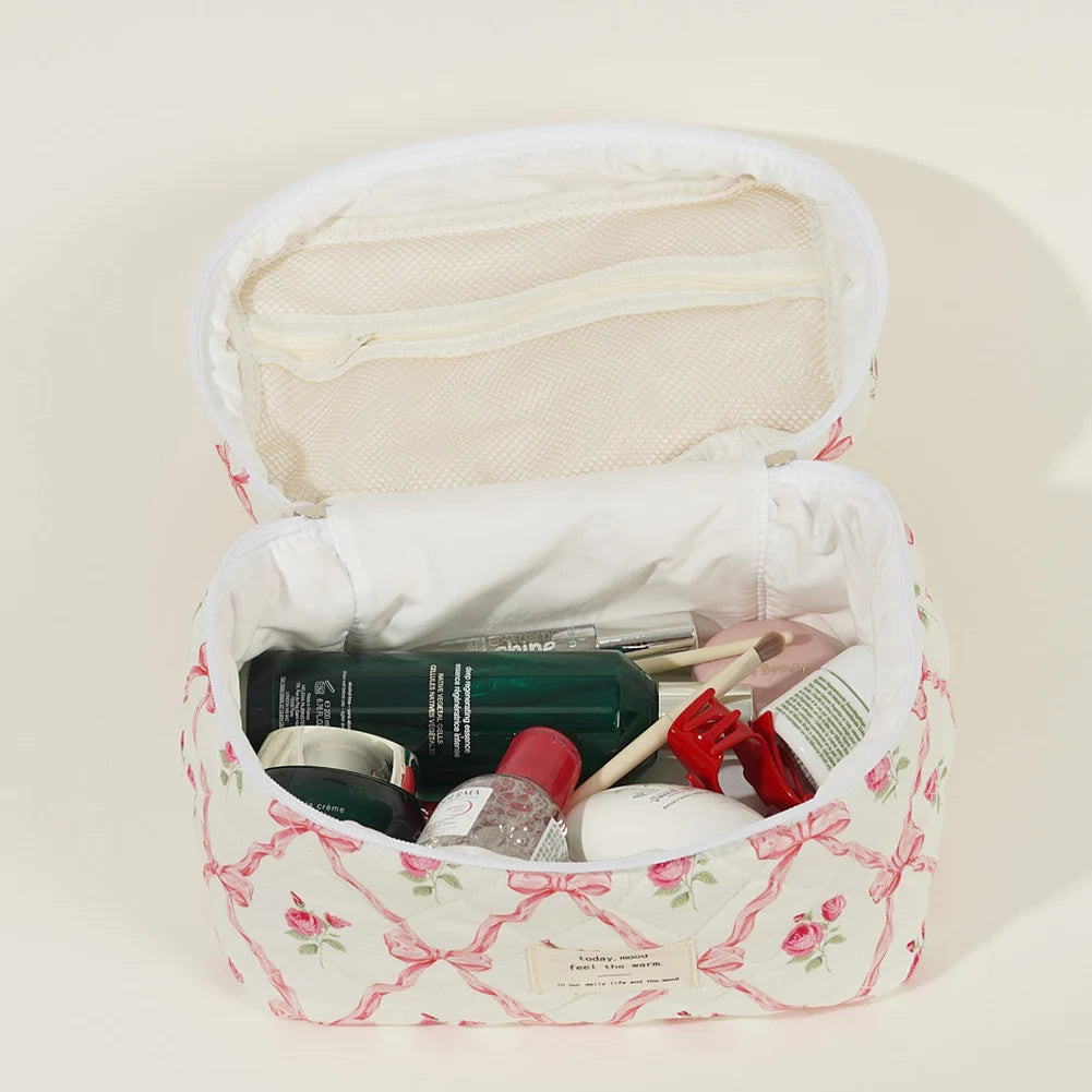 Three Piece Makeup Bag Set Floral Design Quilted Portable Cosmetic Pouch Ideal for Travel and Everyday Use