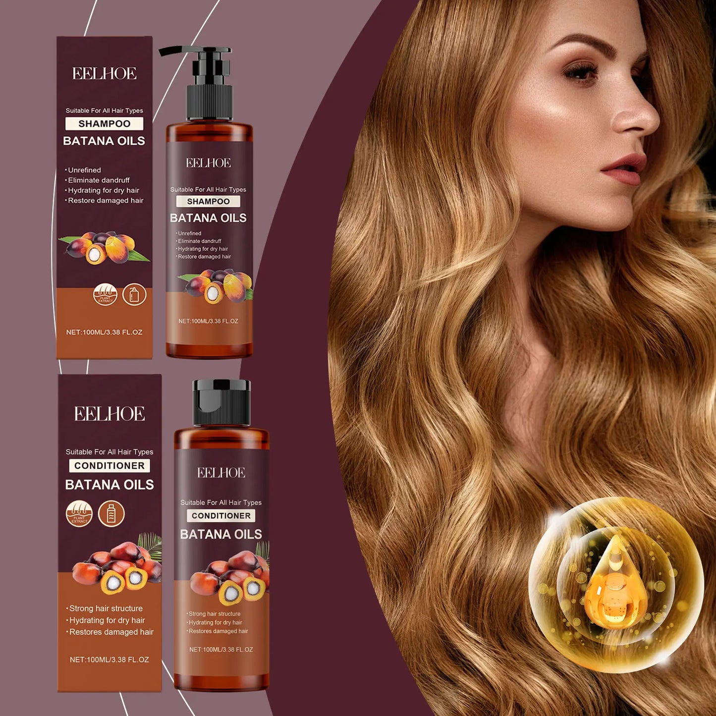 Batana Oil Shampoo Conditioner Set Oil Control Anti Dandruff Scalp Hair Treatment Split Ends Anti Frizz Hair Loss Hair Care Set