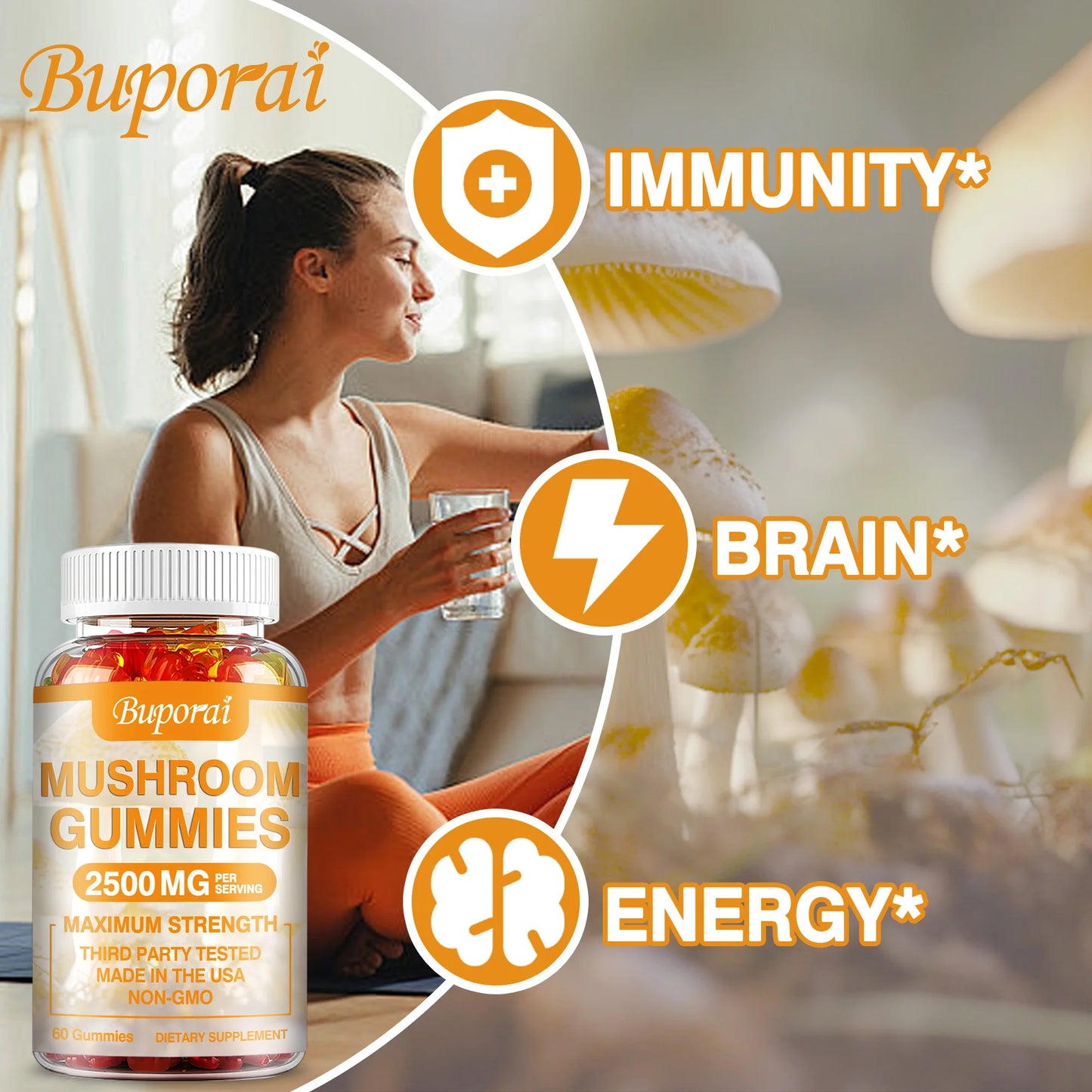 Mushroom Gummies - Brain Health, Enhances Memory and Concentration, Immune Support, Relieves Stress - 60 Gummies