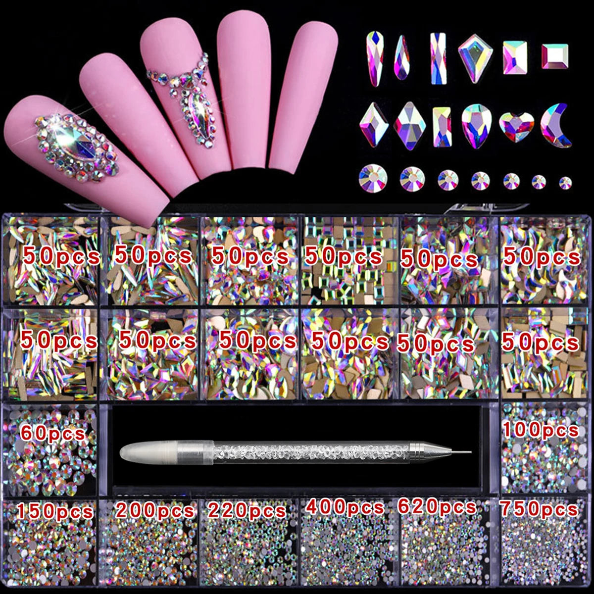 21 grid nail art diamond flat bottom glass diamond multi-style special-shaped diamond shiny nail rhinestone DIY nail art jewelry